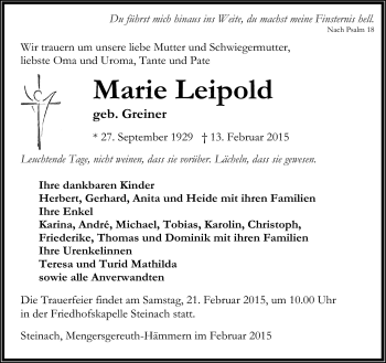 Traueranzeige von Marie Leipold von Südthüringer Presse