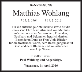 Traueranzeige von Matthias Wohlang von Südthüringer Presse