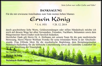 Traueranzeige von Erwin König von Südthüringer Presse