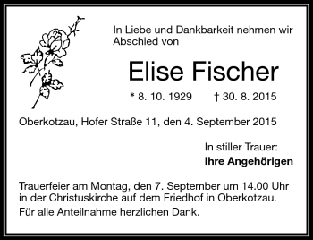 Traueranzeige von Fischer Elise von Frankenpost