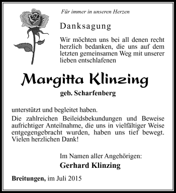 Traueranzeige von Margitta Klinzing von Südthüringer Presse