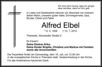 Traueranzeige von Alfred Elbel von Frankenpost