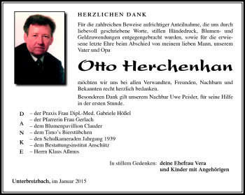 Traueranzeige von Otto Herchenhahn von Südthüringer Presse
