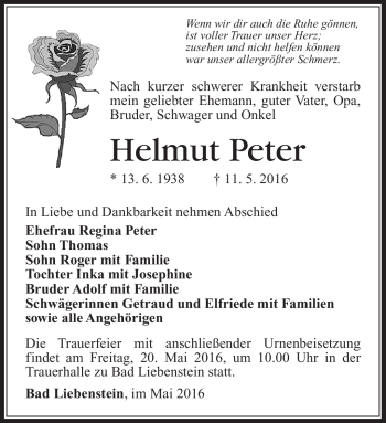 Traueranzeige von Helmut Peter von Südthüringer Presse