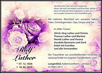 Traueranzeige von Rolf Luther von Südthüringer Presse