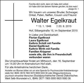 Traueranzeige von Walter Egelkraut von Frankenpost