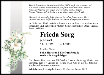 Traueranzeige von Frieda Sorg von Südthüringer Presse