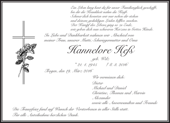 Traueranzeige von Hannelore Heß von Frankenpost