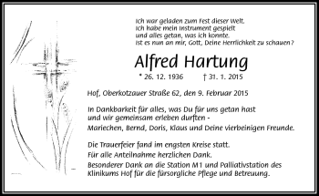 Traueranzeige von Alfred Hartung von Frankenpost