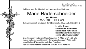 Traueranzeige von Marie Baderschneider von Frankenpost