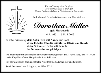 Traueranzeige von Dorothea Müller von Südthüringer Presse