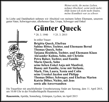 Traueranzeige von Günter Queck von Südthüringer Presse