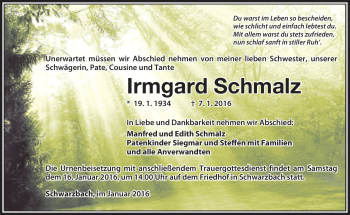 Traueranzeige von Irmgard Schmalz von Südthüringer Presse