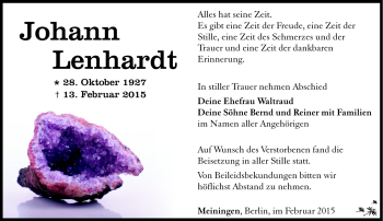 Traueranzeige von Johann Lenhardt von Südthüringer Presse