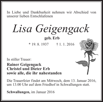 Traueranzeige von Lisa Geigengack von Südthüringer Presse