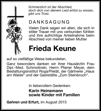 Traueranzeige von Frieda Keune von Südthüringer Presse