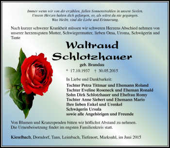 Traueranzeige von Waltraud Schlotzhauer von Südthüringer Presse