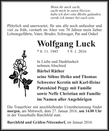 Traueranzeige von Wolfgang Luck von Südthüringer Presse