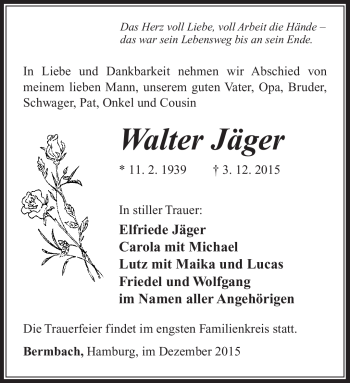 Traueranzeige von Walter Jäger von Südthüringer Presse