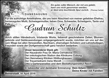 Traueranzeige von Gudrun Schultz von Südthüringer Presse