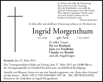 Traueranzeige von Ingrid Morgenthum von Neue Presse Coburg