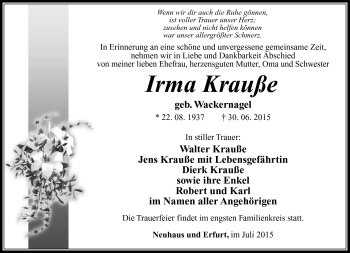 Traueranzeige von Irma Krauße von Südthüringer Presse