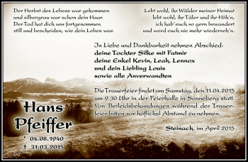Traueranzeige von Hans Pfeiffer von Südthüringer Presse