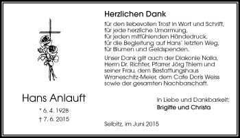 Traueranzeige von Hans Anlauft von Frankenpost