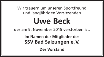 Traueranzeige von Uwe Beck von Südthüringer Presse