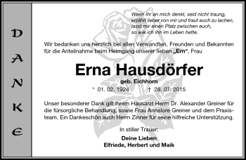Traueranzeige von Erna Hausdörfer von Südthüringer Presse