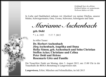 Traueranzeige von Marianne Aschenbach von Südthüringer Presse