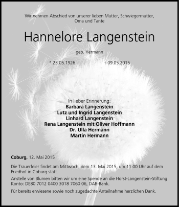 Traueranzeige von Hannelore Langenstein von Neue Presse Coburg