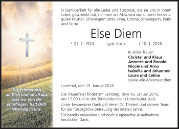 Traueranzeige von Else Diem von Neue Presse Coburg