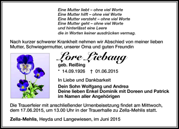 Traueranzeige von Lore Liebaug von Südthüringer Presse