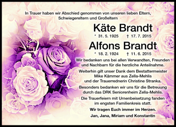 Traueranzeige von Käte und Alfons Brand von Südthüringer Presse