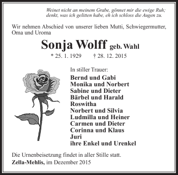 Traueranzeige von Sonja Wolff von Südthüringer Presse