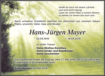 Traueranzeige von Hans-Jürgen Mayer von Südthüringer Presse