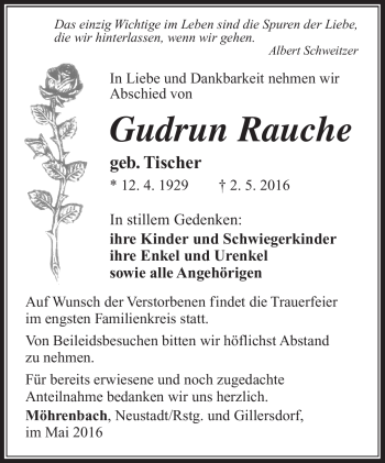Traueranzeige von Gudrun Rauche von Südthüringer Presse
