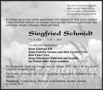 Traueranzeige von Siegfried Schmidt von Südthüringer Presse