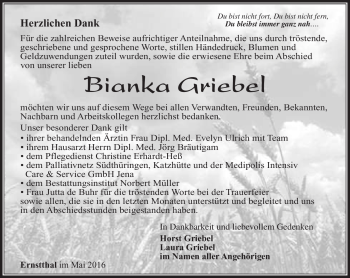 Traueranzeige von Bianka Griebel von Südthüringer Presse