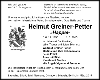 Traueranzeige von Helmut Greiner-Petter von Südthüringer Presse