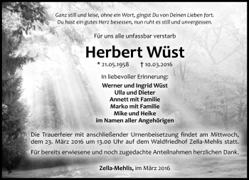 Traueranzeige von Herbert Wüst von Südthüringer Presse