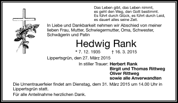 Traueranzeige von Hedwig Rank von Frankenpost