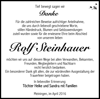 Traueranzeige von Rolf Steinhauer von Südthüringer Presse