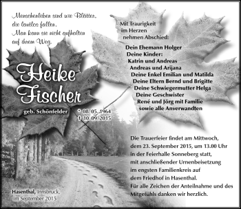 Traueranzeige von Heike Fischer von Südthüringer Presse