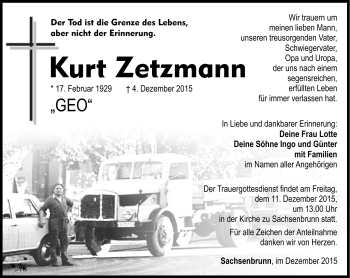 Traueranzeige von Kurt Zetzmann von Südthüringer Presse