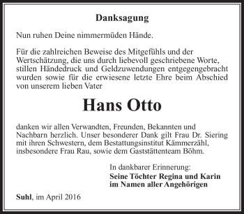 Traueranzeige von Hans Otto von Südthüringer Presse