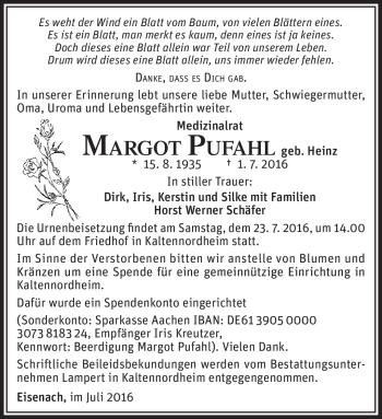 Traueranzeige von Margot Pufahl von Südthüringer Presse