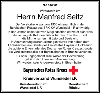 Traueranzeige von Manfred Seitz von Frankenpost