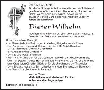 Traueranzeige von Dieter Wilhelm von Südthüringer Presse